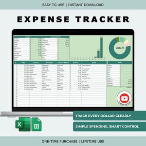 Peut inclure: Un écran d'ordinateur portable affiche un tableur de suivi des dépenses. L'écran montre des données organisées en colonnes et en lignes, avec des graphiques. Le texte à l'écran comprend "Expense Tracker", "Track Every Dollar Clearly" et "Simple Spending, Smart Control". L'image comprend également des icônes Excel et tableur.