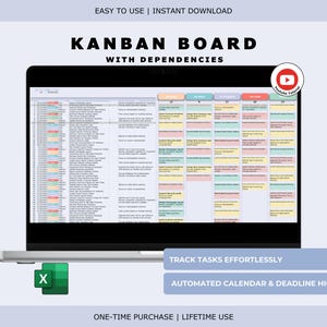 May include: A laptop displays a Kanban board with dependencies, featuring a colorful layout for task management. The screen shows a spreadsheet with multiple columns and rows. Text on the screen includes "Track Tasks Effortlessly" and "Automated Calendar & Deadline Highlights."