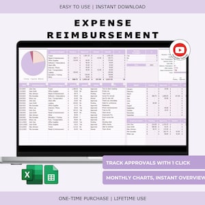 Puede incluir: Una pantalla de portátil muestra una hoja de cálculo de reembolso de gastos con un gráfico circular y tablas de datos. El texto "EXPENSE REIMBURSEMENT" se muestra de forma destacada. El texto adicional incluye "TRACK APPROVALS WITH 1 CLICK" y "MONTHLY CHARTS, INSTANT OVERVIEW".