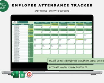 Seguimiento de asistencia de empleados: vista de calendario mensual + registro de estado (Excel y Hojas de cálculo de Google)
