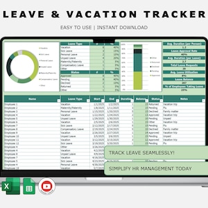 Leave & Vacation Tracker Excel Template | Employee Leave Management Tool | Vacation Planner for HR Small Businesses