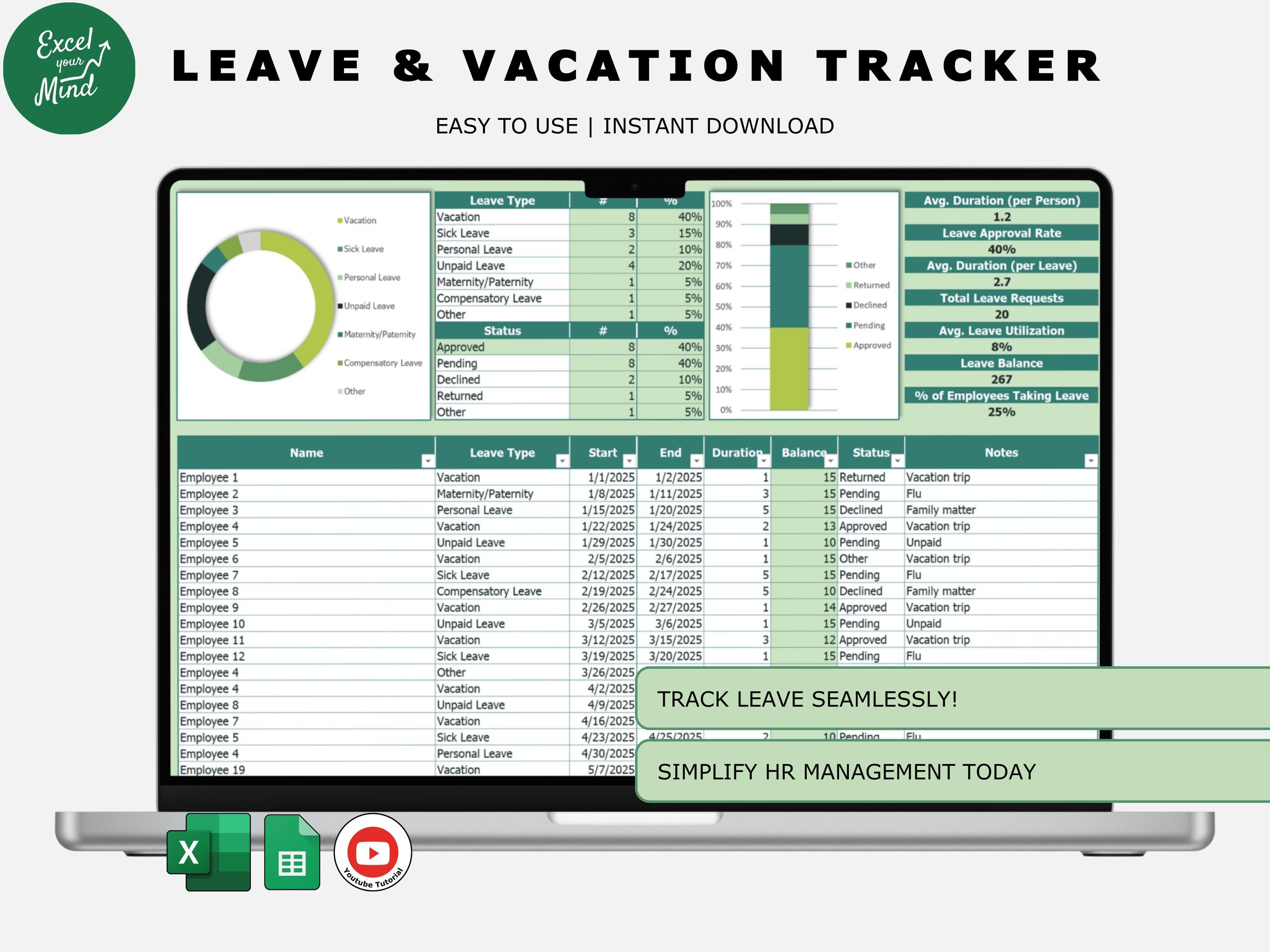 Leave & Vacation Tracker Excel Template Employee Leave Management