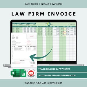 Peut inclure: Un modèle de facture pour cabinet d'avocats numérique affiché sur un écran d'ordinateur portable, présentant une feuille de calcul avec des colonnes de facturation. Un document de facture est superposé avec une flèche verte pointant vers lui.