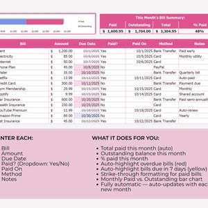 May include: A pink and white spreadsheet showing a bill summary with paid and outstanding amounts. The table lists bills with due dates and payment methods. Features include auto-highlighting and a bar chart. Measurements are in pounds.