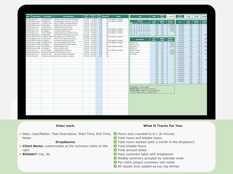 Legal Timesheet Template: Billable Hours Tracker With Auto-rounding ...