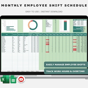 Monthly Employee Shift Schedule | Staff Roster Attendance Tracker | Work Schedule Payroll Tracker (Excel & Google Sheets)