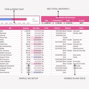 May include: A spreadsheet with a pink and blue colour scheme, showing a monthly bill summary. The table includes columns for bill, amount, due date, and payment status. Text includes "Type & Print Fast" and "See Total Instantly."