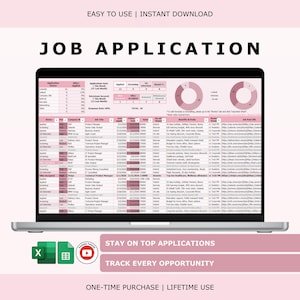 Puede incluir: Una pantalla de portátil que muestra una hoja de cálculo de seguimiento de solicitudes de empleo en tonos rosa y blanco, con tablas de datos, gráficos de anillos y columnas para el estado, la empresa, el puesto y las URL, con el texto JOB APPLICATION.