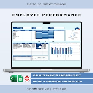 May include: A laptop screen displaying an Employee Performance dashboard template with blue data tables, a radar chart, and bar graphs. The interface includes text labels like Employee Name, Goal, and Status, with Excel and Google Sheets icons below.