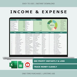 Puede incluir: Una pantalla de portátil muestra una hoja de cálculo de ingresos y gastos con un gráfico circular. El texto en la pantalla dice "Ingresos y gastos". El texto adicional incluye "Ver ganancias al instante y pérdidas" y "Seguir el dinero claramente".