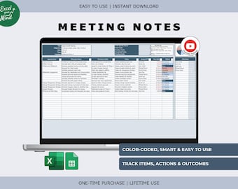 Meeting Notes: Agenda, Decisions, Due Dates (Excel & Google Sheets)