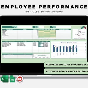 Tracker voor prestatiebeoordelingen van werknemers | Excel-sjabloon voor beoordelingen, doelen en feedback | Visuele grafieken en voortgangsregistratie voor managers