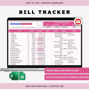 Könnte beinhalten: Ein Laptop-Bildschirm zeigt eine rosa und weiße Tabellenkalkulation zur Rechnungsverfolgung. Die Tabelle listet Rechnungen, Beträge, Fälligkeitstermine und Zahlungsmethoden auf. Der Text oben lautet "BILL TRACKER" und "EASY TO USE | INSTANT DOWNLOAD".