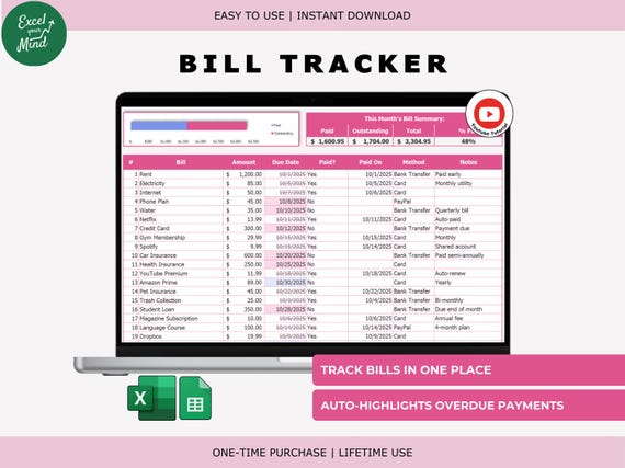 Monthly Bill Tracker Spreadsheet: Due Dates, Payments & Auto-Summary (Excel, Google Sheets)