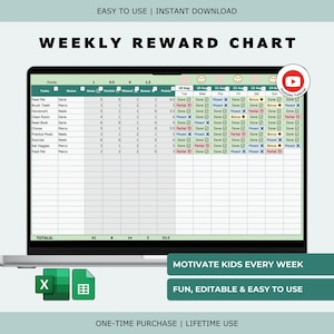 May include: A laptop screen displays a weekly reward chart template. The chart is green and white, with columns for tasks, points, and daily progress. Text at the top reads "WEEKLY REWARD CHART". Additional text includes "EASY TO USE | INSTANT DOWNLOAD".