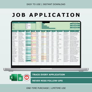 Könnte beinhalten: Eine digitale Tabellenkalkulation zur Nachverfolgung von Bewerbungen auf einem Laptop-Bildschirm. Die Benutzeroberfläche enthält Spalten für Firmenname, Jobtitel, Status, Priorität und Datum sowie Zusammenfassungsdiagramme und den Text Excel your Mind.