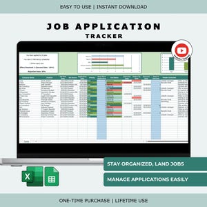 Puede incluir: Una computadora portátil que muestra una hoja de cálculo de seguimiento de solicitudes de empleo. La pantalla muestra una tabla detallada con columnas para el nombre de la empresa, el puesto de trabajo y las fechas de seguimiento. El texto en la pantalla dice "Job Application Tracker".