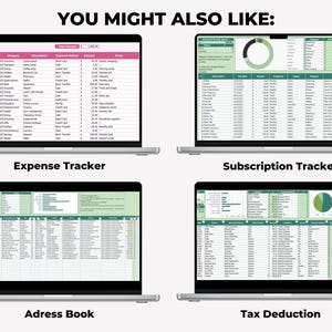 May include: Four laptops showing spreadsheets for financial organization. The screens display expense tracking, subscription management, an address book, and tax deductions. Text at the top reads "YOU MIGHT ALSO LIKE:"