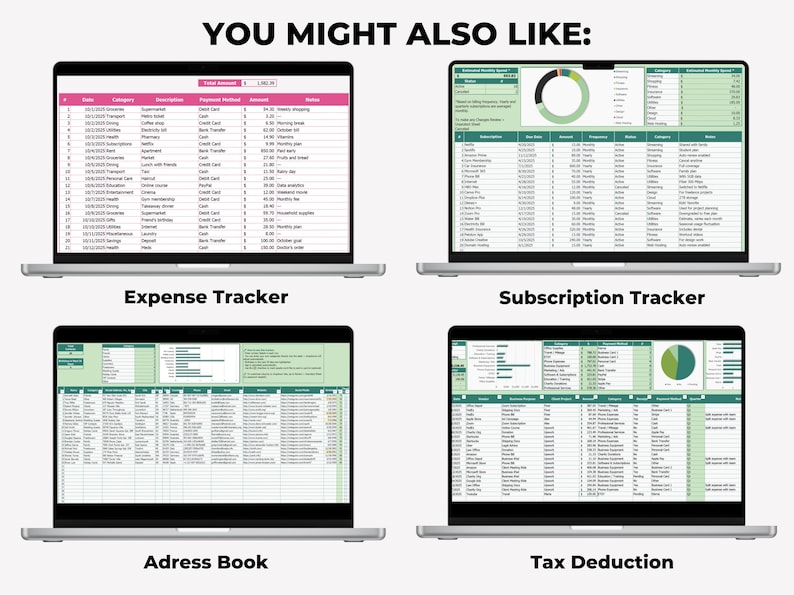 May include: Four laptops showing spreadsheets for financial organization. The screens display expense tracking, subscription management, an address book, and tax deductions. Text at the top reads "YOU MIGHT ALSO LIKE:"