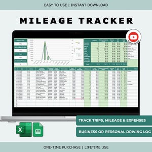 May include: A laptop displays a mileage tracker spreadsheet with green and white data fields. The screen shows a graph and data tables for tracking trips, mileage, and expenses. Text on the screen includes "Mileage Tracker", "Track Trips, Mileage & Expenses", and "Business or Personal Driving Log".