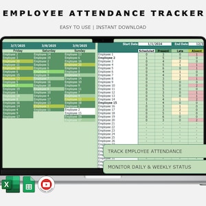 Employee Attendance Tracker Excel & Google Sheets | Staff Shift Log, HR Work Schedule, Employee Timesheet, Workforce Tracker