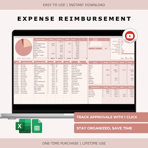 Könnte beinhalten: Ein Laptop mit einer Spesenabrechnung. Der Bildschirm zeigt eine Tabelle mit Daten, ein Kreisdiagramm und den Text "EXPENSE REIMBURSEMENT". Zusätzlicher Text lautet "TRACK APPROVALS WITH 1 CLICK" und "STAY ORGANIZED, SAVE TIME."