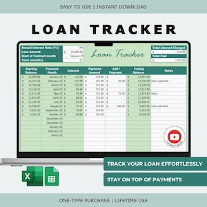Puede incluir: Una pantalla de portátil muestra una hoja de cálculo de seguimiento de préstamos con columnas para el saldo, los intereses y los pagos. La pantalla muestra el texto "LOAN TRACKER" y "TRACK YOUR LOAN EFFORTLESSLY". La hoja de cálculo está diseñada para gestionar préstamos.