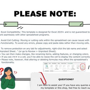 May include: A digital document with the text "PLEASE NOTE:" at the top. The document includes instructions on Excel compatibility, cell cutting, and removing protection. A cartoon illustration of a person with question marks is on the left.