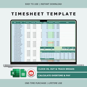 May include: A digital timesheet template displayed on a laptop screen, featuring columns for date, clock in, clock out, break time, hours worked, time difference, daily pay, and notes. Includes a monthly summary table and Excel and Sheets icons.