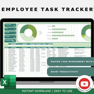 May include: A green and white computer screen displaying an Excel spreadsheet with the title "EMPLOYEE TASK TRACKER". The spreadsheet is a task management template with columns for task ID, task name, assigned to, start date, due date, completion date, status, priority, description, comments, and attached. The spreadsheet also includes a pie chart showing the percentage of tasks completed, in progress, and on hold.