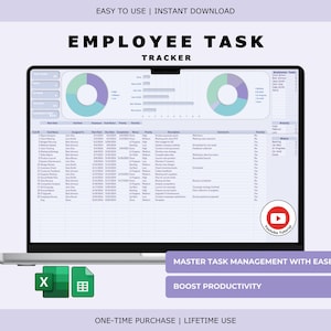 May include: A laptop displays an "EMPLOYEE TASK TRACKER" spreadsheet. The screen shows a task list with charts and data. The image includes the text "EASY TO USE | INSTANT DOWNLOAD" and "MASTER TASK MANAGEMENT WITH EASE".