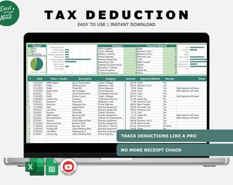 Tax Deduction Tracker with Dashboard | Small Business Expense Log | Excel & Google Sheets Template for Freelancers Self Employed