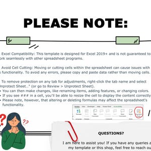 Op de afbeelding: Een digitale afbeelding met de tekst "LET OP:" en belangrijke informatie over een Excel-sjabloon. De afbeelding bevat een cartoon van een persoon met vraagtekens, een rode paperclip en de tekst "VRAGEN?"