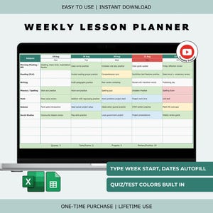 May include: A laptop screen shows a weekly lesson planner with a grid layout, colour-coded for subjects like Reading and Science. The text "WEEKLY LESSON PLANNER" is at the top. The image also includes Excel and Word icons. The planner is designed for instant download.