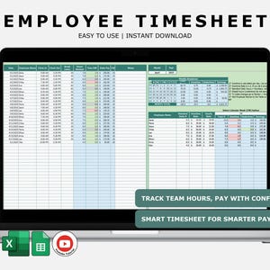 Employee Timesheet Tracker Excel Template | Multi-Staff Clock In & Out Log, Overtime Payroll Calculator, Weekly Summary Sheet