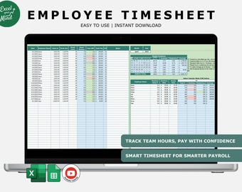 Employee Timesheet Tracker Excel Template | Multi-Staff Clock In & Out Log, Overtime Payroll Calculator, Weekly Summary Sheet