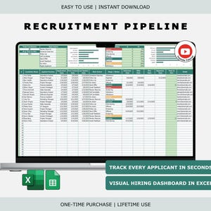 Recruitment Tracker with Dashboard, Candidate Pipeline (Excel, Google Sheets)