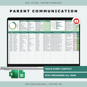 May include: A laptop screen shows a spreadsheet labelled "PARENT COMMUNICATION." The display features data in columns and rows. The image includes the text "TRACK EVERY CONTACT" and "STAY ORGANIZED ALL YEAR."