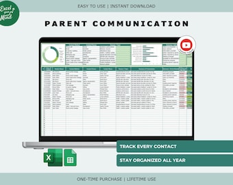 Op de afbeelding: Een laptop toont een spreadsheet met de titel "PARENT COMMUNICATION". Het scherm toont gegevens georganiseerd in kolommen en rijen. De afbeelding bevat de tekst "TRACK EVERY CONTACT" en "STAY ORGANIZED ALL YEAR".