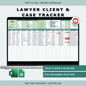 Hoja de cálculo de seguimiento de casos legales: Registro de plazos de CRM de clientes para bufetes de abogados (Excel y Hojas de cálculo de Google)