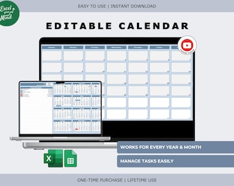 Editable Calendar Template: Monthly, Weekly, Yearly Views (Excel & Google Sheets)