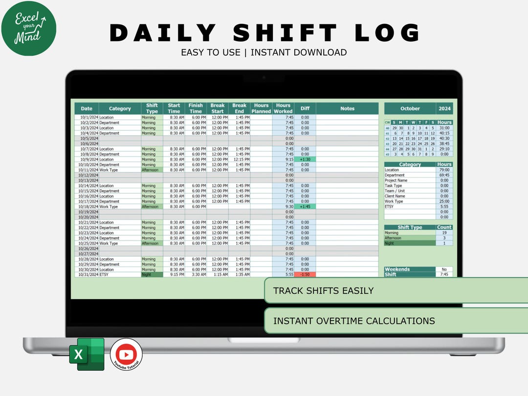 Daily Shift Log Template Track Work Hours, Breaks & Overtime, Excel