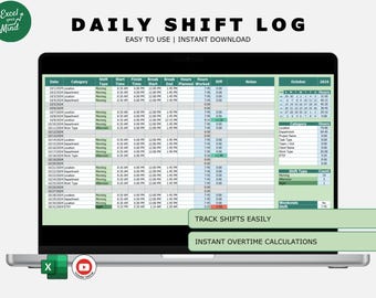 Daily Shift Log Template - Track Work Hours, Breaks & Overtime, Excel Spreadsheet for Shift Workers, Automatic Calculation for Monthly Hours