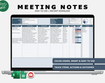 Excel Meeting Notes & Task Tracker – Agenda Log, Action Planning Sheet, Team Summary, Remote Work Tool, Status Dashboard, Color Coded