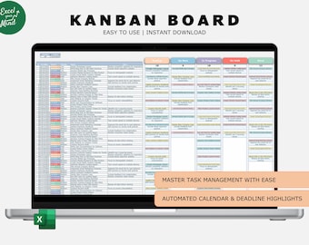 May include: A digital Kanban board displayed on a laptop screen, featuring a task management spreadsheet with columns labelled Backlog, On Next, In Progress, On Hold, and Done. The interface includes text headers KANBAN BOARD, MASTER TASK MANAGEMENT WITH EASE, and AUTOMATED CALENDAR & DEADLINE HIGHLIGHTS.
