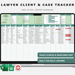 Client & Case Tracker for Lawyers, Excel Legal Organizer, Court Deadline Log, Solo Attorney CRM, Printable Law Firm Spreadsheet