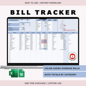 Może przedstawiać: Ekran laptopa wyświetla arkusz kalkulacyjny "BILL TRACKER". Arkusz kalkulacyjny jest oznaczony kolorami i zawiera automatyczne sumy według kategorii. Obraz zawiera tekst "ŁATWY W UŻYCIU | NATYCHMIASTOWE POBIERANIE" oraz "JEDNORAZOWY ZAKUP | DOŻYWOTNIE UŻYWANIE".