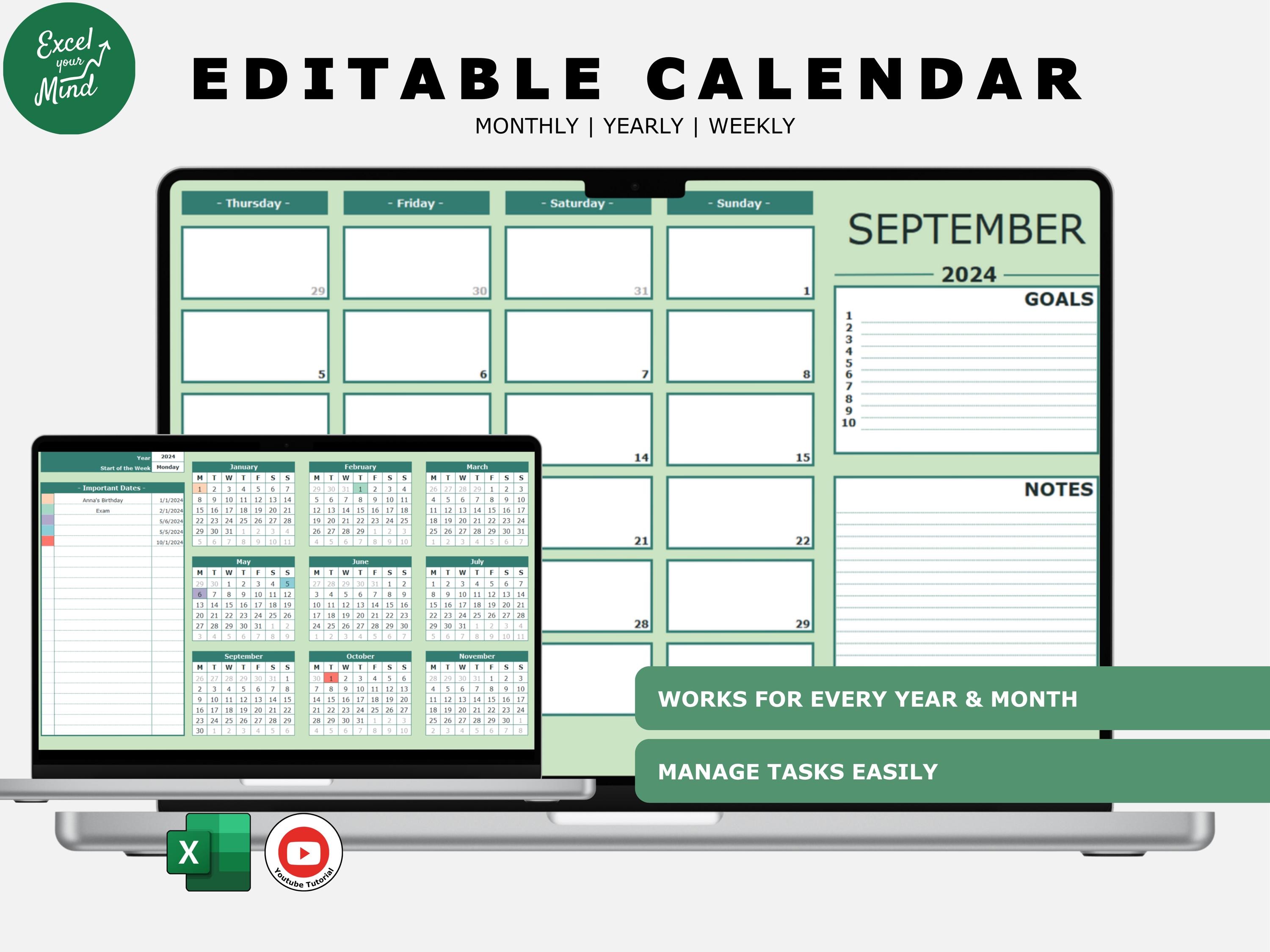 Editable Monthly Calendar Excel Undated Task Planner Customizable Auto ...