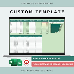 Puede incluir: Un portátil muestra una plantilla personalizada con una hoja de cálculo. La pantalla muestra datos organizados en filas y columnas, con gráficos. El texto incluye "CUSTOM TEMPLATE", "EASY TO USE | INSTANT DOWNLOAD" y "BUILT FOR YOUR WORKFLOW".