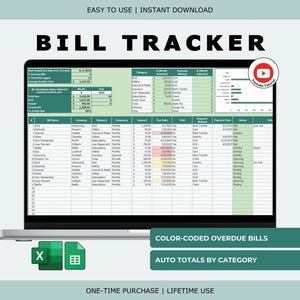 Può includere: Uno schermo di un laptop che mostra un foglio di calcolo intitolato "BILL TRACKER". Il foglio di calcolo è codificato a colori e categorizzato, con il testo "EASY TO USE | INSTANT DOWNLOAD" in alto. L'immagine include anche il testo "COLOR-CODED OVERDUE BILLS" e "AUTO TOTALS BY CATEGORY."